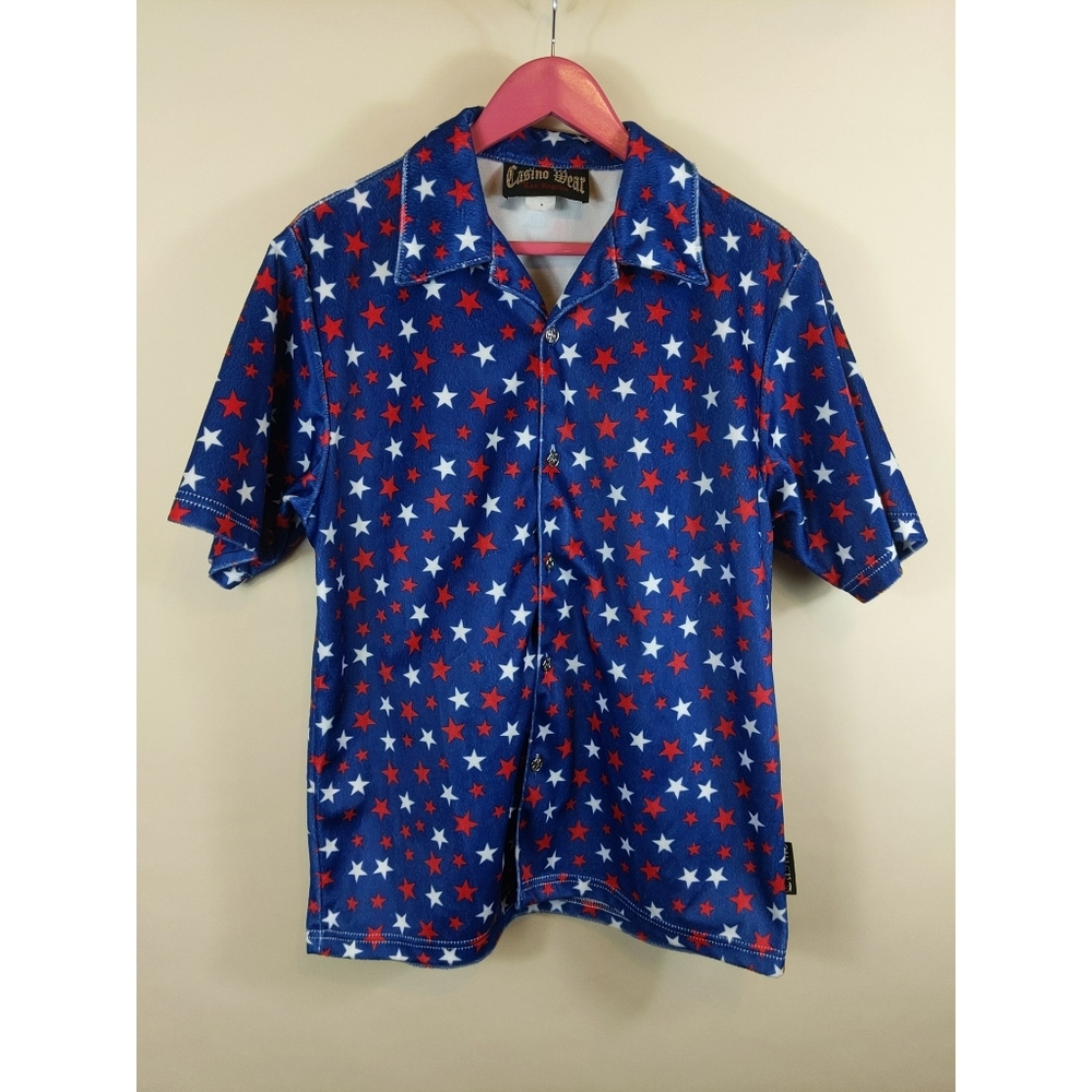 Vintage 90s Y2K Novelty Casino Wear Fuzzy Americana Print Shirt Size M